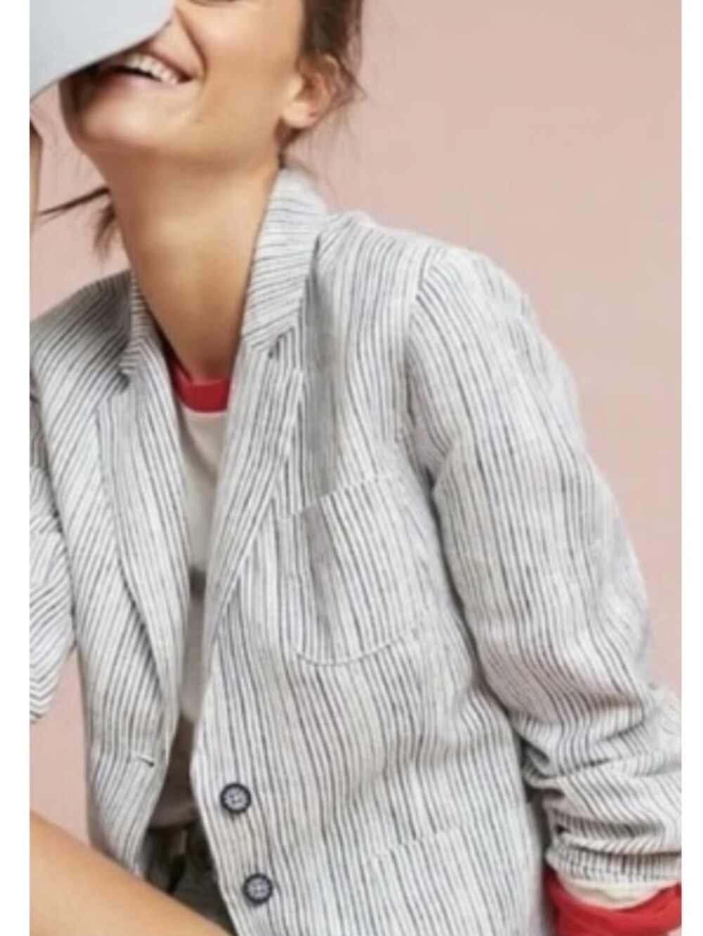 ANTHROPOLOGIE Cartonnier Striped Linen Blazer Blue Ticking Stripe Size 10